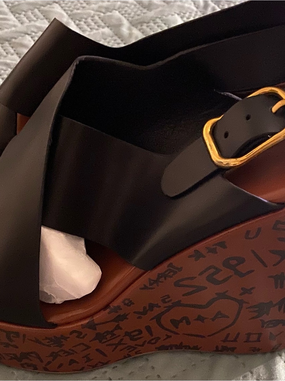 See By Chloé Black Wedge Sandals with Gold Buckle